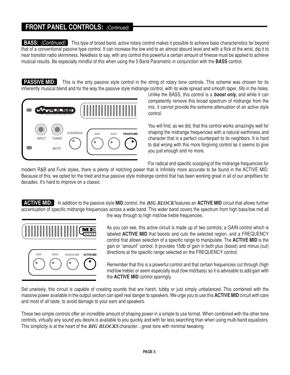 Front panel controls, Bass: (continued), Passive mid | Active mid | Mesa/Boogie BIGBLOCK Big Block 750 User Manual | Page 9 / 20