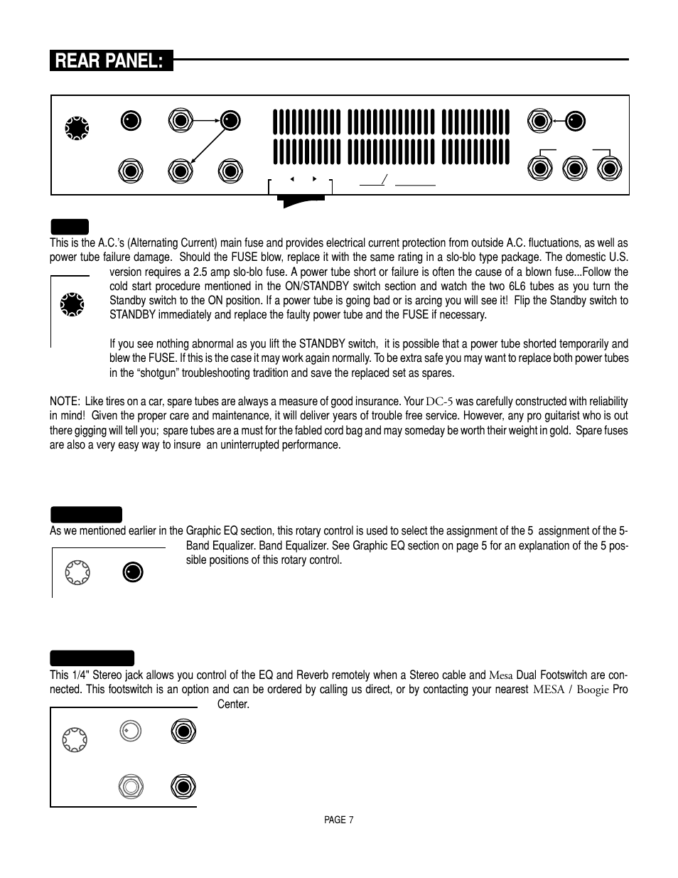 Rear panel, Eq select, Oogie | Fuse, Ftsw eq/rev | Mesa/Boogie DC5 User Manual | Page 11 / 23