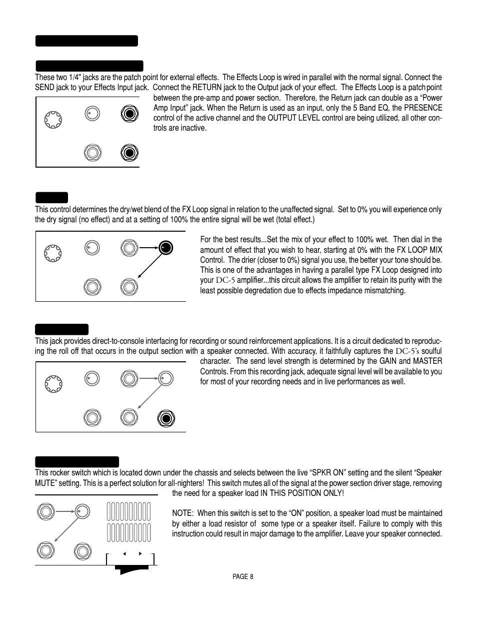 Rear panel: (continued) fx loop: send / return, Fx mix, Recording | Silent recording, Page 8 | Mesa/Boogie DC5 User Manual | Page 12 / 23