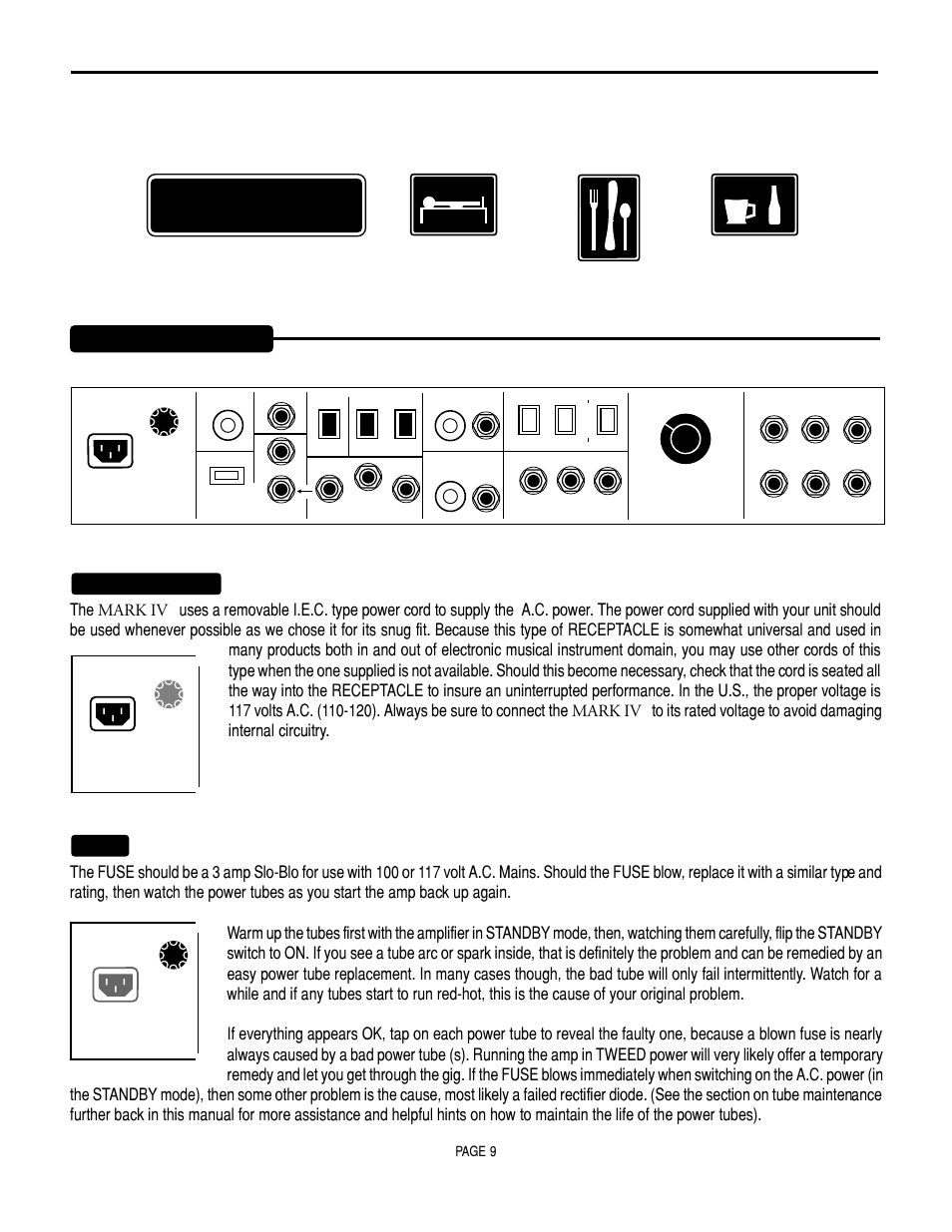 Rest area, Rear panel mkiv, A.c. receptacle: fuse | Page 9 | Mesa/Boogie Mark IV Amplifier User Manual | Page 13 / 29