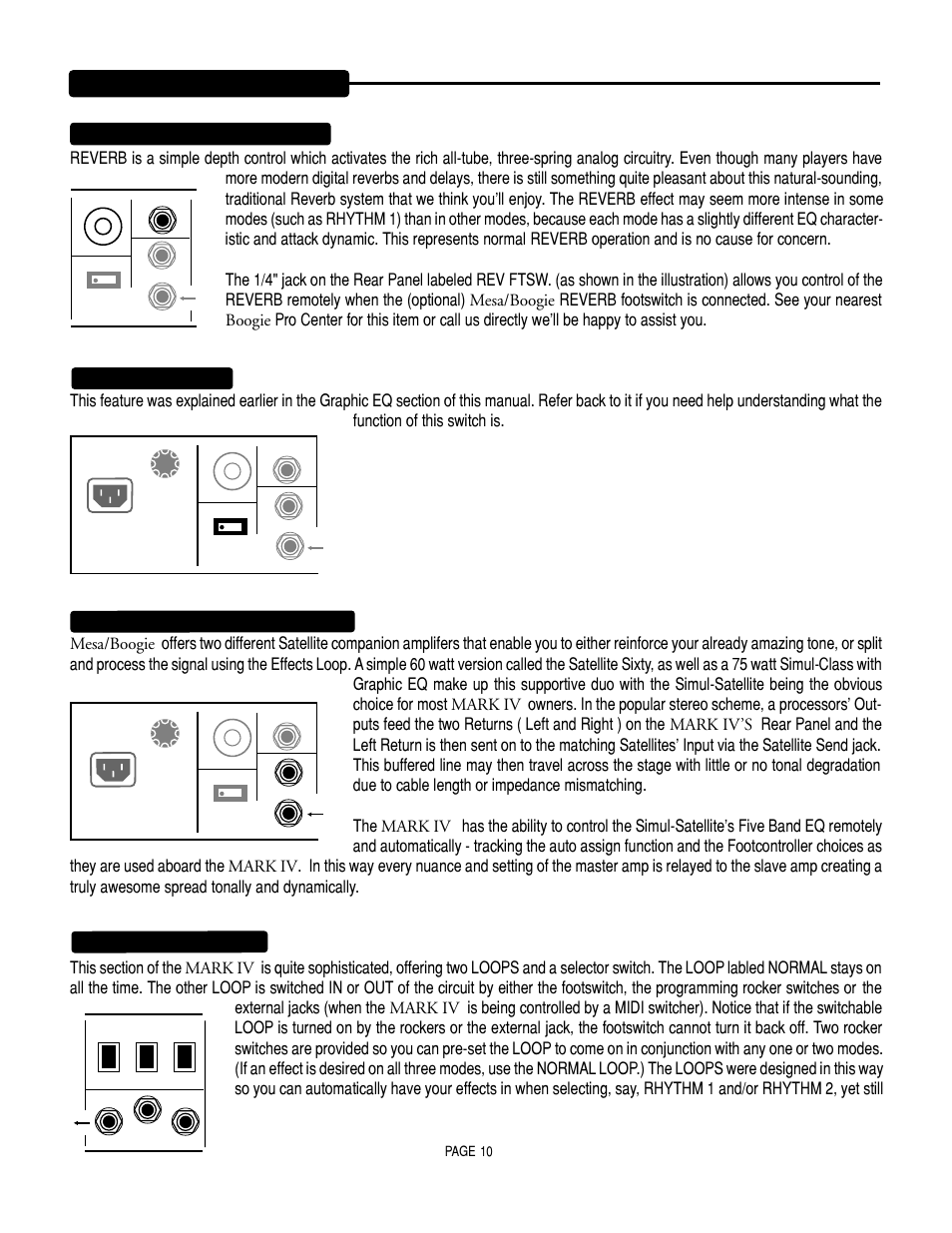 Rear view mkiv, Satellite control: eq & send jack, Eq rocker switch | Page 10 | Mesa/Boogie Mark IV Amplifier User Manual | Page 14 / 29