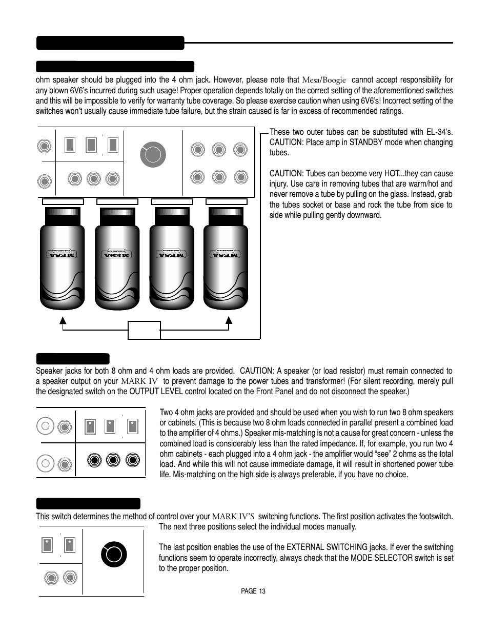 Rear view mkiv, Continued) power tube substitution: (continued), Mode selector switch | Page 13 | Mesa/Boogie Mark IV Amplifier User Manual | Page 17 / 29