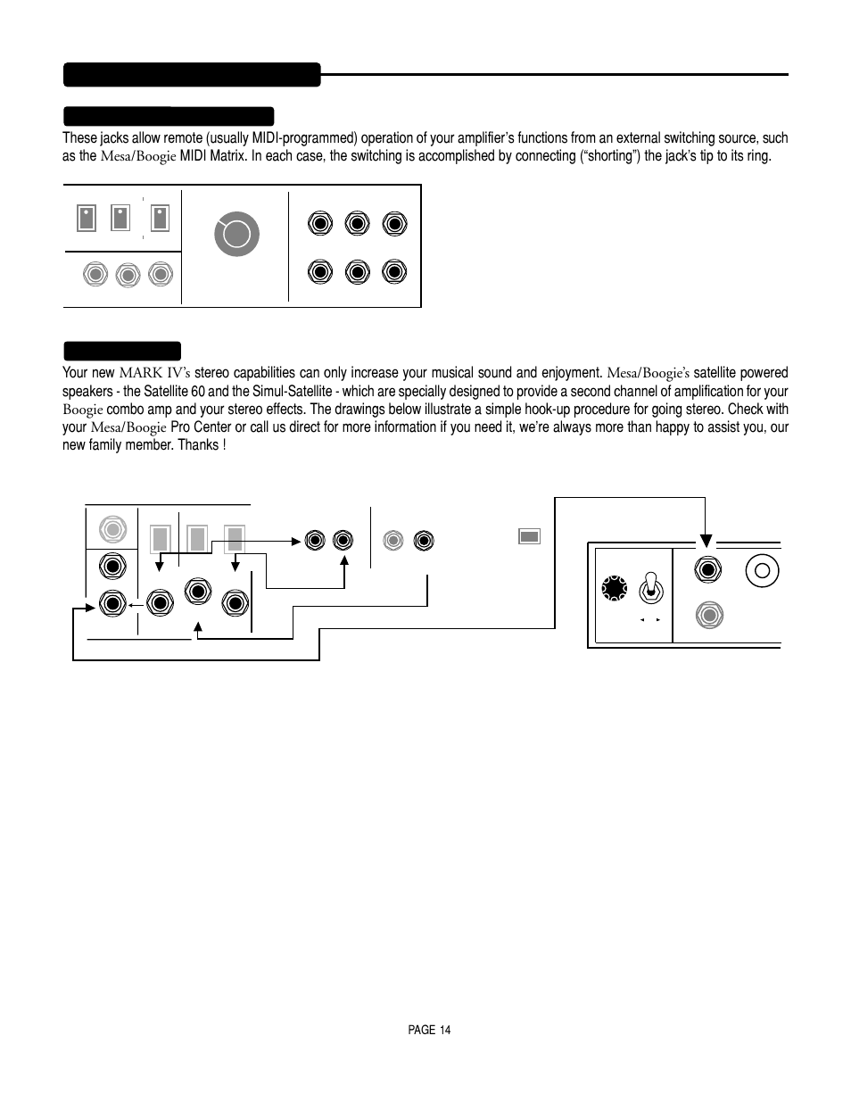 Rear view mkiv, Continued) external switching jacks, Page 14 | Satellite (rear panel) | Mesa/Boogie Mark IV Amplifier User Manual | Page 18 / 29