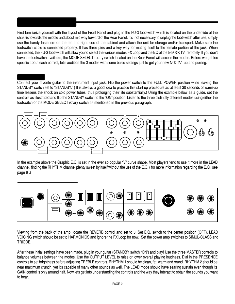 Front panel, Power-up, And now looking to the rear panel | Page 2 | Mesa/Boogie Mark IV Amplifier User Manual | Page 6 / 29