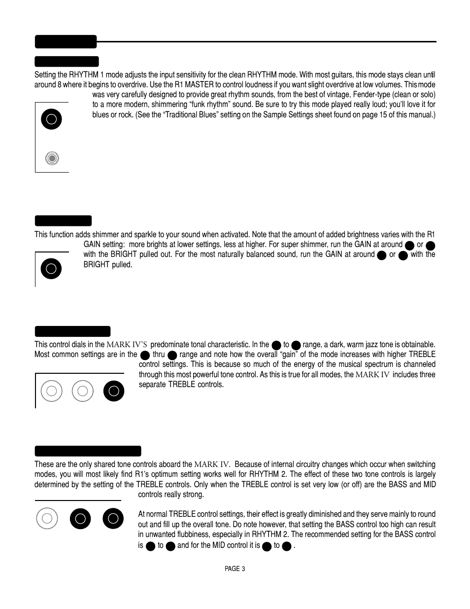 Controls, Thru, And for the mid control it is | Rhythm 1 gain, Pull bright, Rhythm 1 treble, R1 + r2 bass & r1 + r2 mid | Mesa/Boogie Mark IV Amplifier User Manual | Page 7 / 29