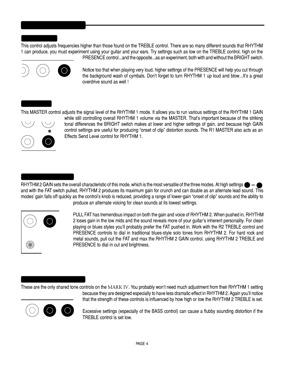 Controls, Continued) r1 presence, R1 master | Rhythm 2 gain & fat, R1 + r2 bass & r1 + r2 mid, Page 4 | Mesa/Boogie Mark IV Amplifier User Manual | Page 8 / 29