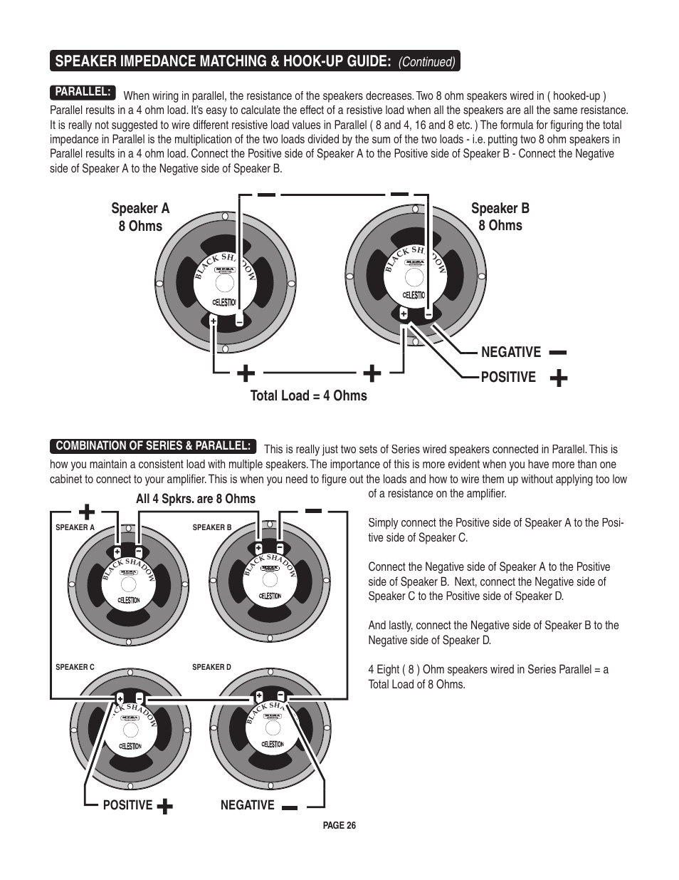 Speaker impedance matching & hook-up guide, Continued), Negative all 4 spkrs. are 8 ohms positive | Mesa/Boogie LoneStar Amplifier User Manual | Page 30 / 40