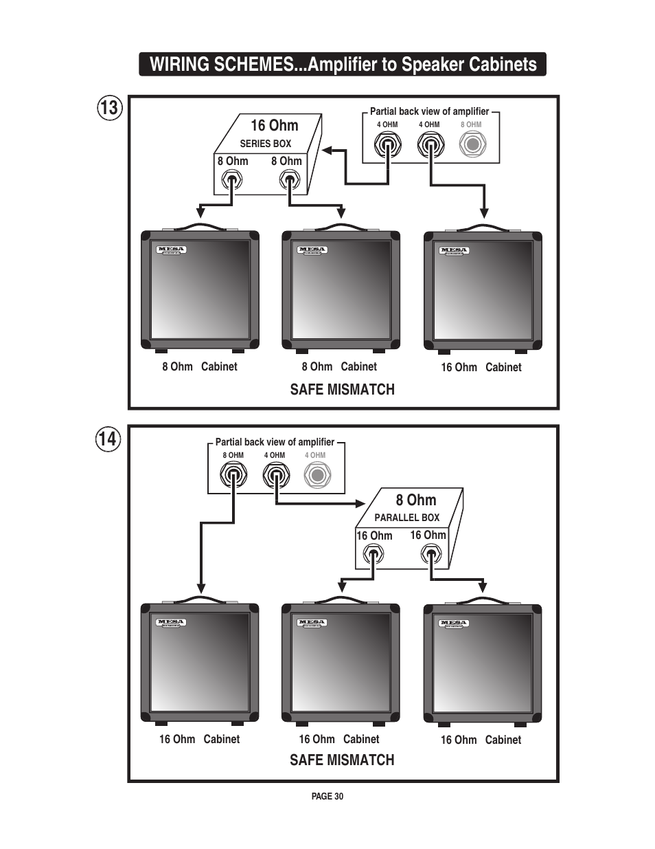 Wiring schemes...amplifier to speaker cabinets, 16 ohm, 8 ohm | Safe mismatch | Mesa/Boogie LoneStar Amplifier User Manual | Page 34 / 40