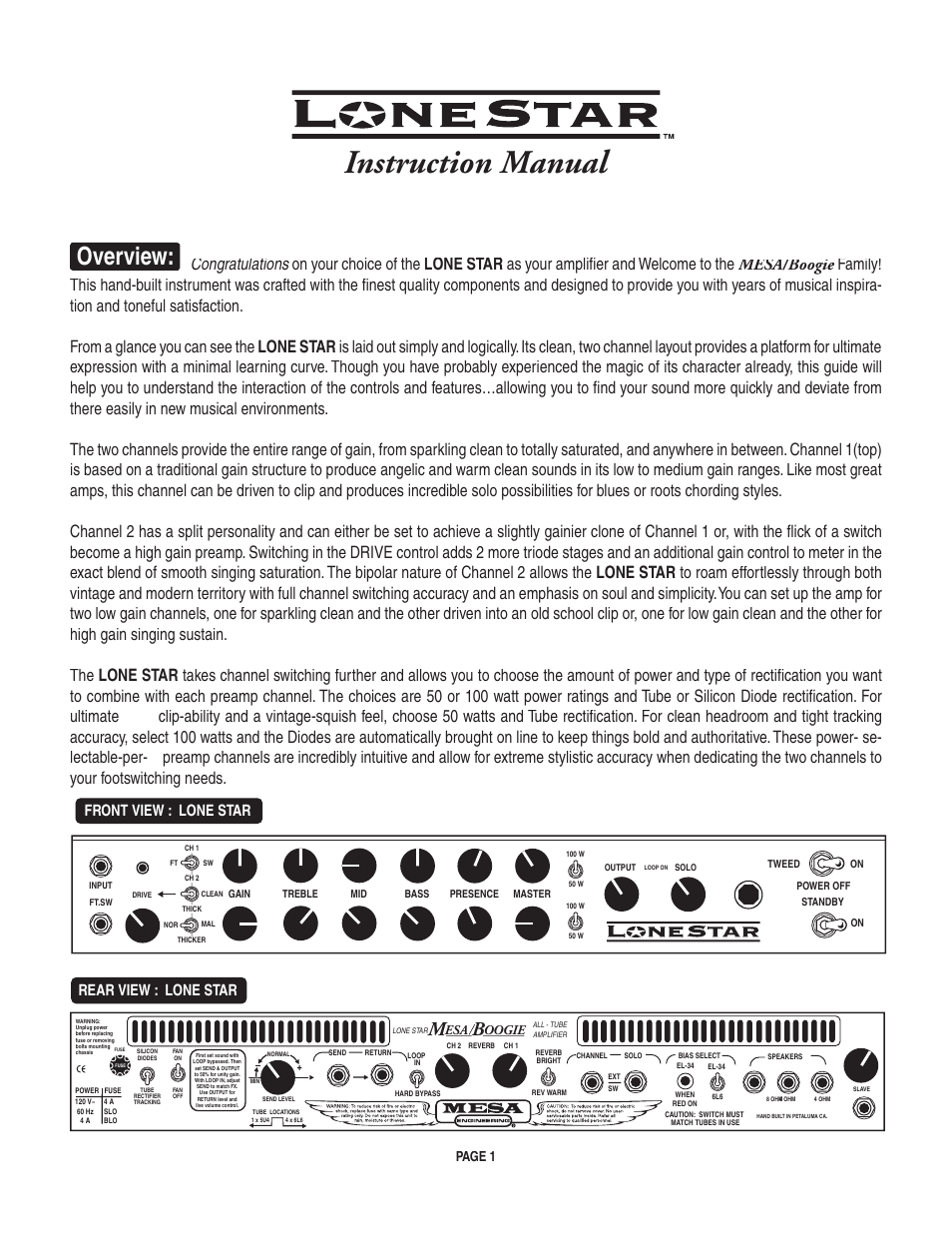Instruction manual, Overview, Rear view : lone star | Front view : lone star, Page 1, Oogie | Mesa/Boogie LoneStar Amplifier User Manual | Page 5 / 40