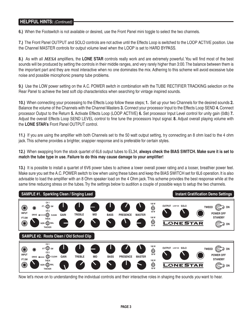 Helpful hints, Sample #1. sparkling clean / singing lead, Sample #2. roots clean / old school clip | Instant gratification demo settings, Continued) | Mesa/Boogie LoneStar Amplifier User Manual | Page 7 / 40