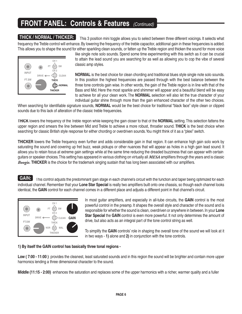 Front panel: controls & features, Continued) thick / normal / thicker, Gain | Mesa/Boogie II User Manual | Page 10 / 40