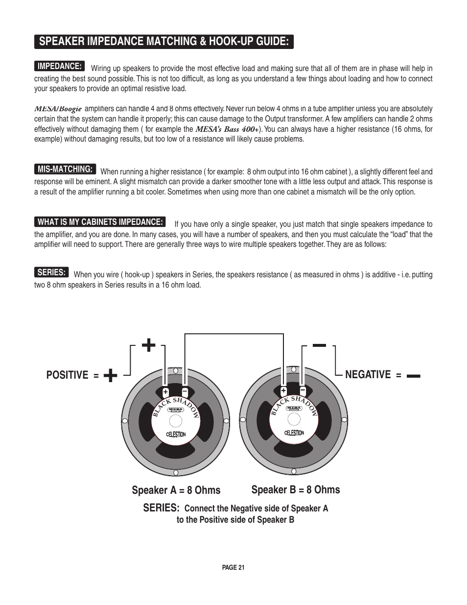 Speaker impedance matching & hook-up guide, Speaker a = 8 ohms speaker b = 8 ohms series, Positive = negative | Mesa/Boogie II User Manual | Page 25 / 40