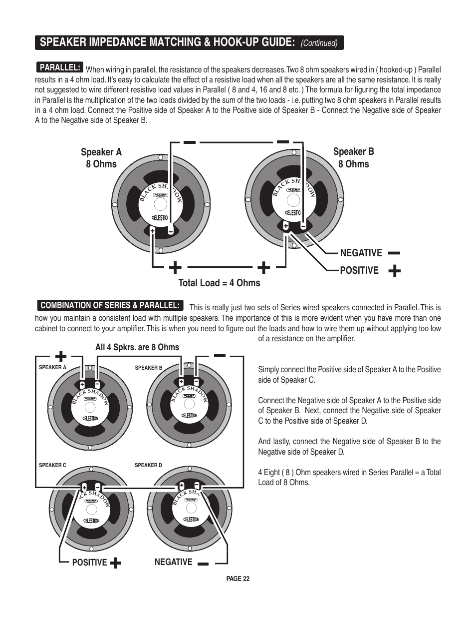 Speaker impedance matching & hook-up guide, Parallel, Combination of series & parallel | Negative all 4 spkrs. are 8 ohms positive | Mesa/Boogie II User Manual | Page 26 / 40