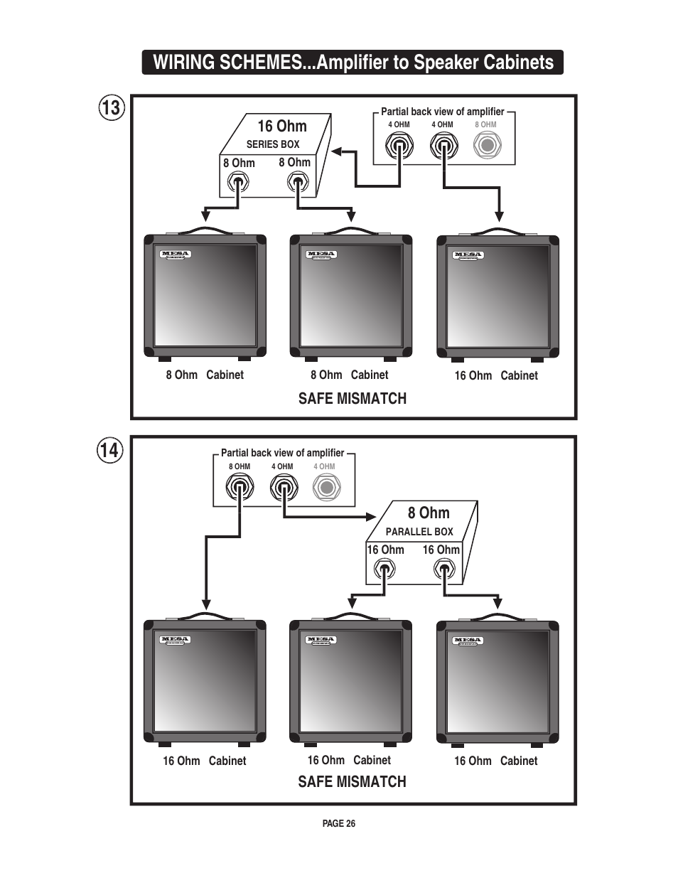 Wiring schemes...amplifier to speaker cabinets, 16 ohm, 8 ohm | Safe mismatch | Mesa/Boogie II User Manual | Page 30 / 40