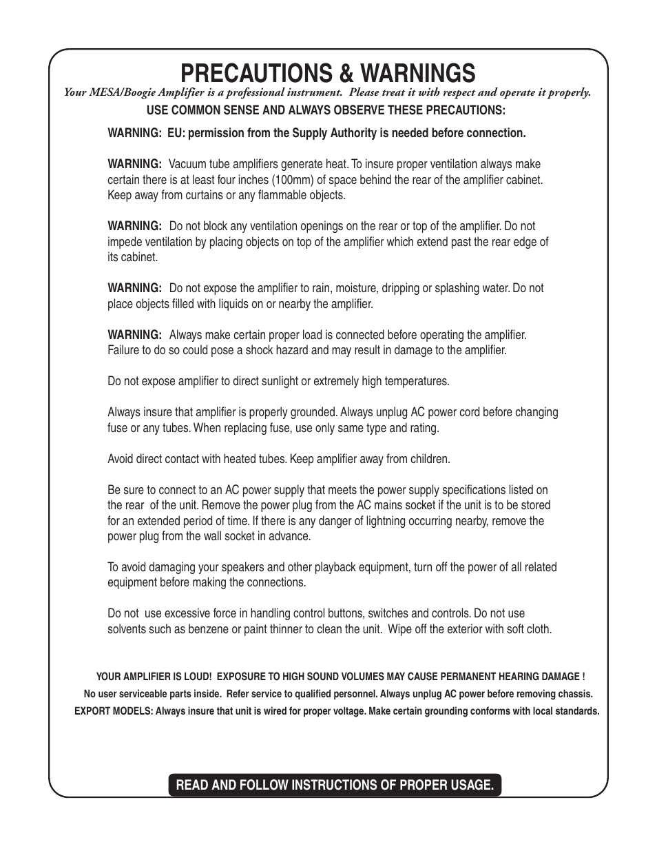 Precautions & warnings | Mesa/Boogie II User Manual | Page 4 / 40