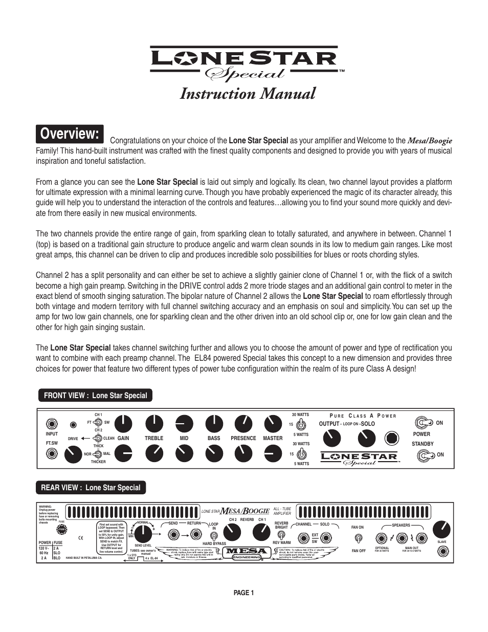 Instruction manual, Overview, Rear view : lone star special | Front view : lone star special, Page 1, Oogie | Mesa/Boogie II User Manual | Page 5 / 40