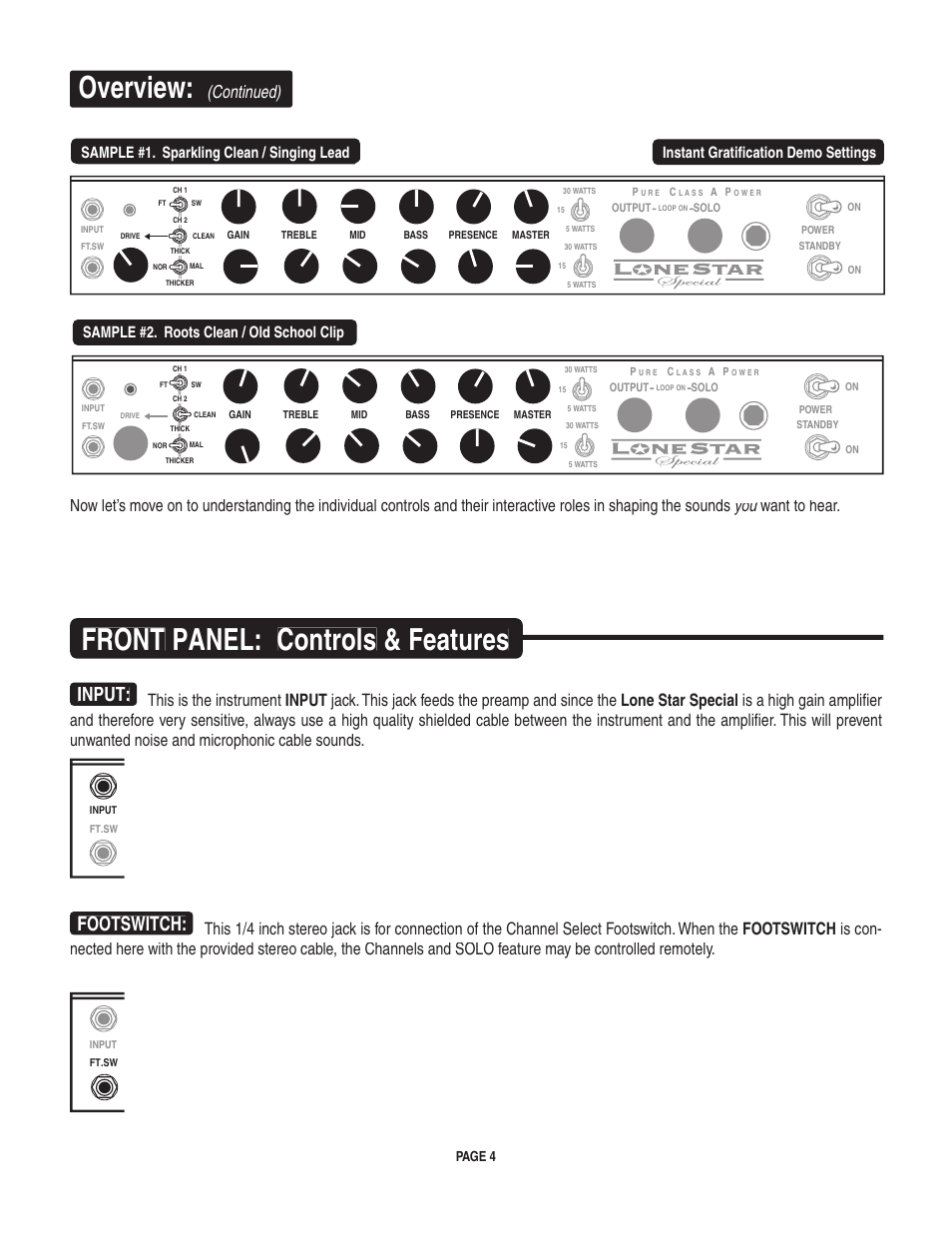 Overview, Front panel: controls & features, Input | Footswitch, Sample #1. sparkling clean / singing lead, Sample #2. roots clean / old school clip, Instant gratification demo settings, Page 4 | Mesa/Boogie II User Manual | Page 8 / 40