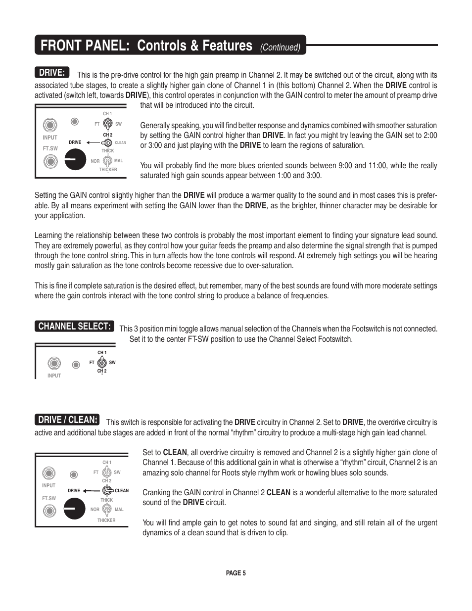 Front panel: controls & features, Continued) drive, Channel select | Drive / clean | Mesa/Boogie II User Manual | Page 9 / 40