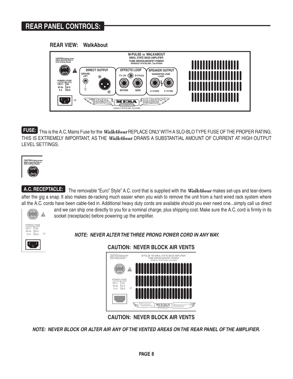 Rear panel controls, Caution: never block air vents, Rear view: walkabout | Page 8 | Mesa/Boogie Walk About Bass Amplifier User Manual | Page 12 / 20