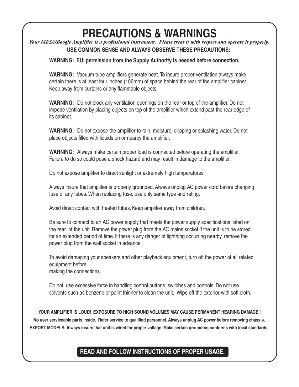 Precautions & warnings | Mesa/Boogie Walk About Bass Amplifier User Manual | Page 3 / 20