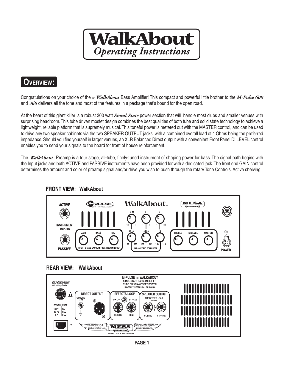 Operating instructions, Verview, Rear view: walkabout | Page 1 | Mesa/Boogie Walk About Bass Amplifier User Manual | Page 5 / 20