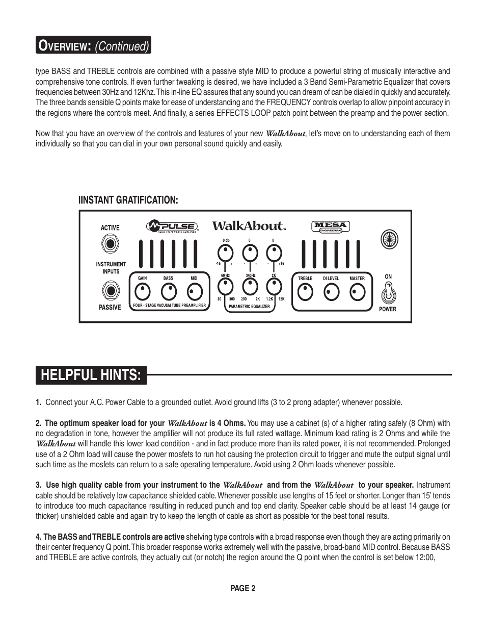 Helpful hints, Continued) | Mesa/Boogie Walk About Bass Amplifier User Manual | Page 6 / 20