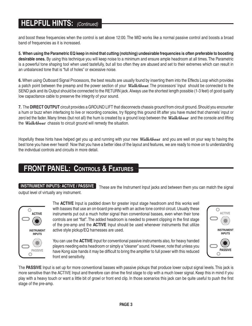 Helpful hints, Front panel: c | Mesa/Boogie Walk About Bass Amplifier User Manual | Page 7 / 20