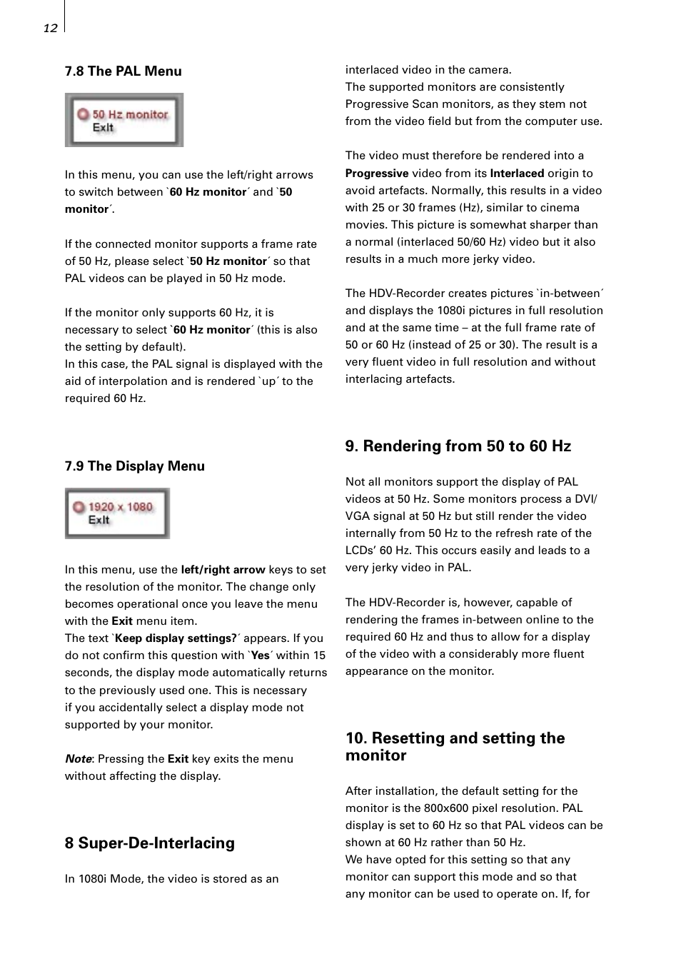 8 super-de-interlacing, Rendering from 50 to 60 hz, Resetting and setting the monitor | MacroSystem Digital Video HDV-Recorder User Manual | Page 12 / 14