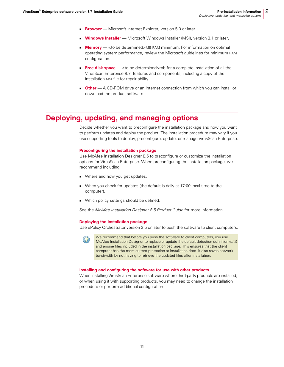 Deploying, updating, and managing options, Preconfiguring the installation package | McAfee VIRUSSCAN 8.7I User Manual | Page 11 / 38
