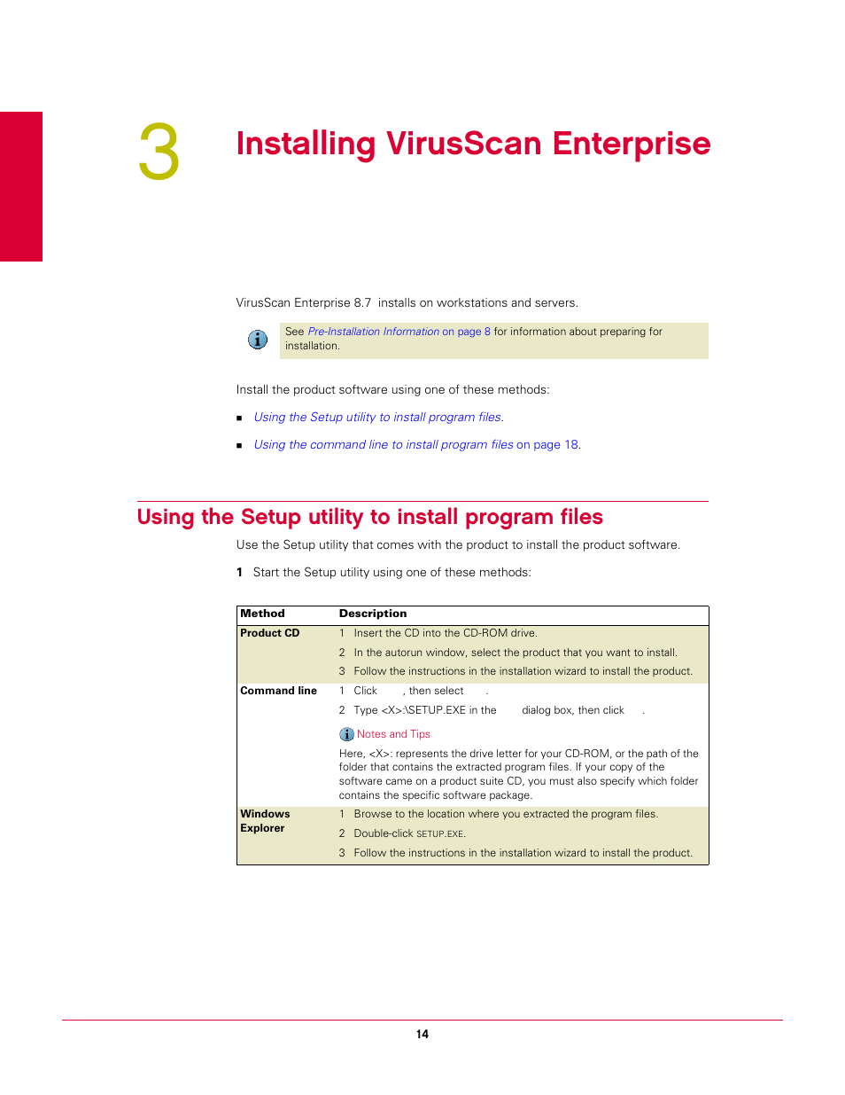3 installing virusscan enterprise, Using the setup utility to install program files, Installing virusscan enterprise | McAfee VIRUSSCAN 8.7I User Manual | Page 14 / 38