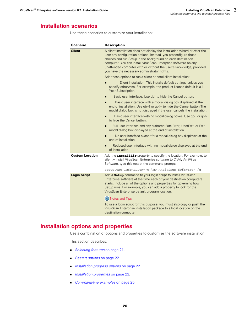 Installation scenarios, Installation options and properties | McAfee VIRUSSCAN 8.7I User Manual | Page 20 / 38