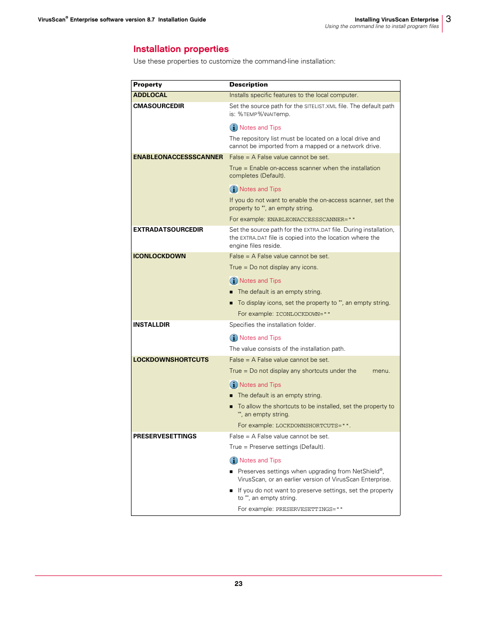 Installation properties, 3installation properties | McAfee VIRUSSCAN 8.7I User Manual | Page 23 / 38