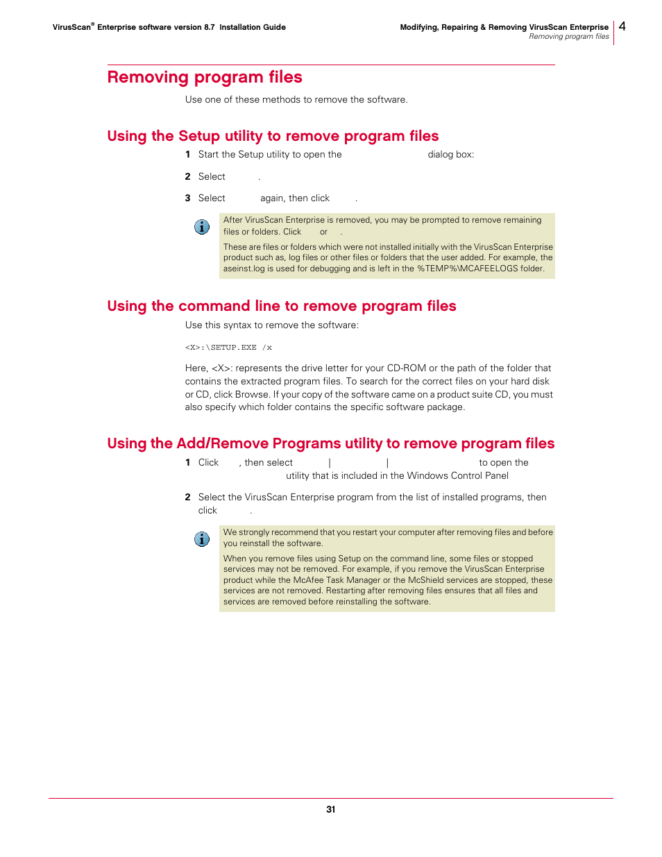 Removing program files, Using the setup utility to remove program files, Using the command line to remove program files | McAfee VIRUSSCAN 8.7I User Manual | Page 31 / 38