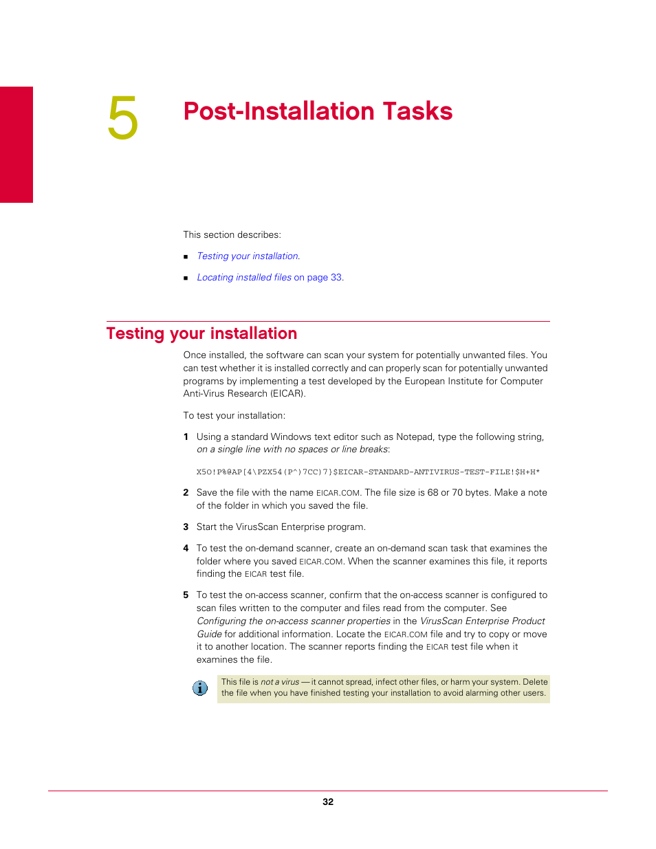 5 post-installation tasks, Testing your installation, Post-installation tasks | McAfee VIRUSSCAN 8.7I User Manual | Page 32 / 38
