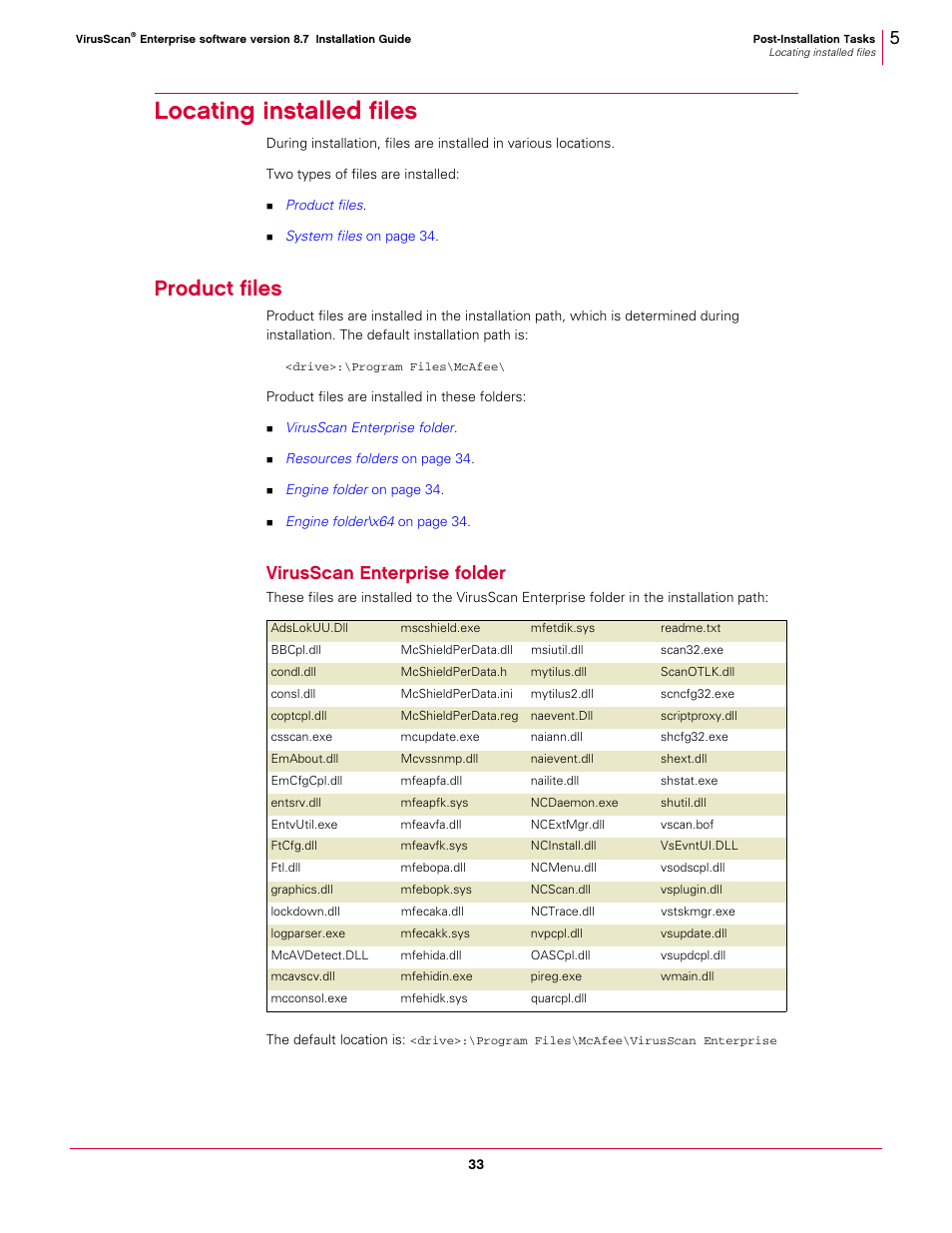 Locating installed files, Product files, Virusscan enterprise folder | McAfee VIRUSSCAN 8.7I User Manual | Page 33 / 38