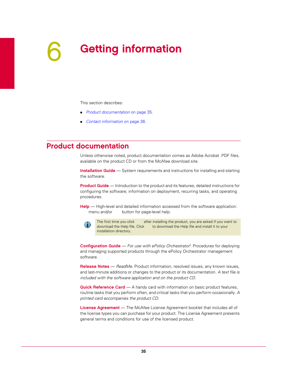 6 getting information, Product documentation, Getting information | McAfee VIRUSSCAN 8.7I User Manual | Page 35 / 38