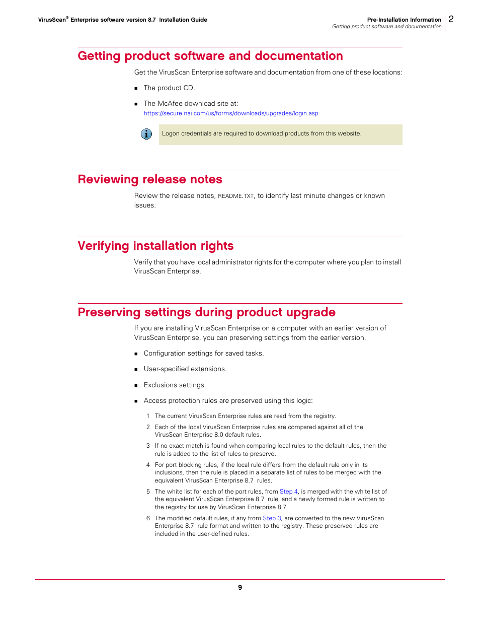 Getting product software and documentation, Reviewing release notes, Verifying installation rights | Preserving settings during product upgrade | McAfee VIRUSSCAN 8.7I User Manual | Page 9 / 38