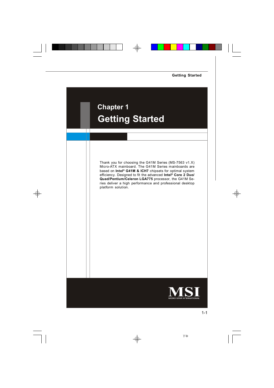 Getting started, Chapter 1 | Microstar G41M User Manual | Page 10 / 92