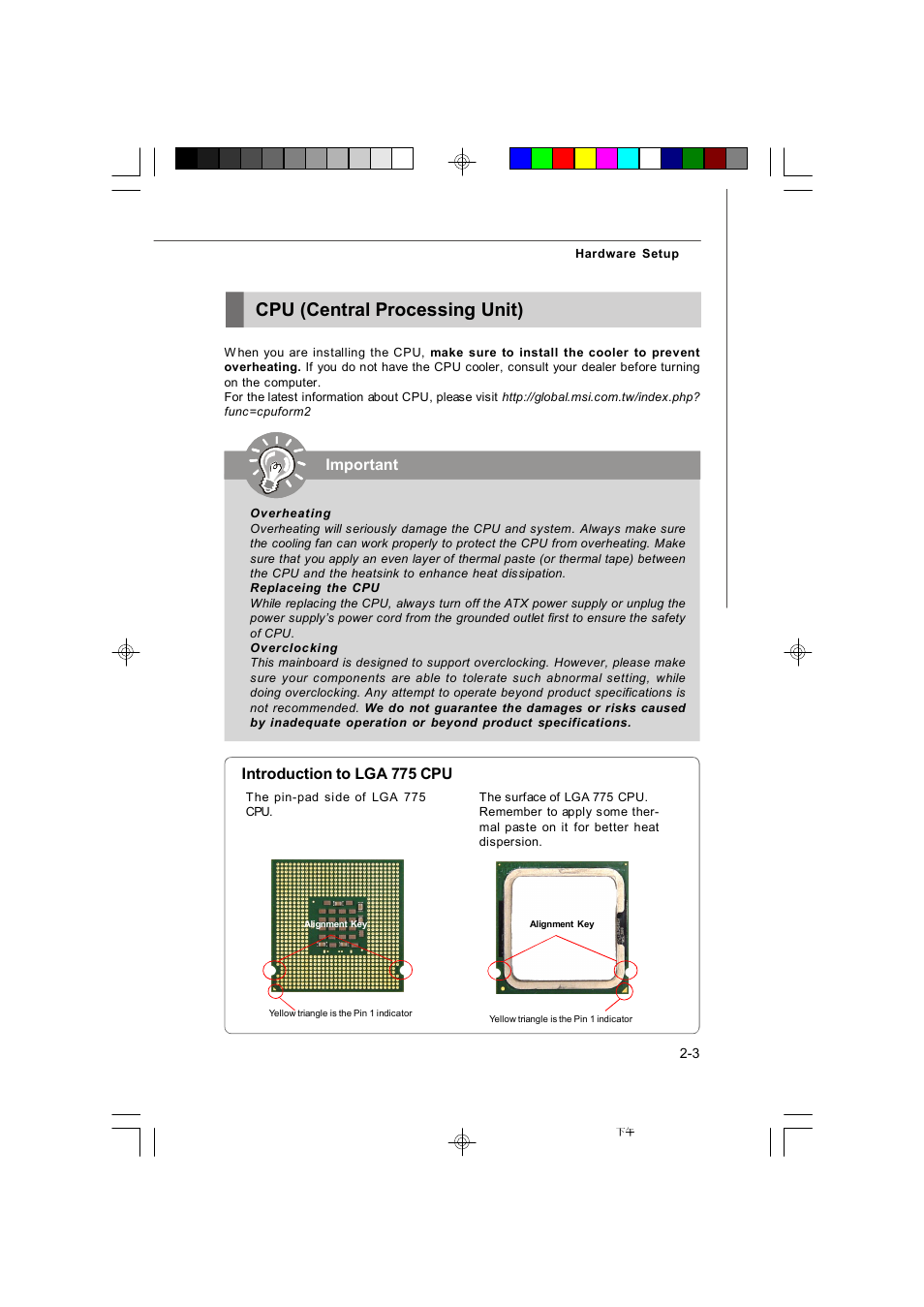 Cpu (central processing unit), Introduction to lga 775 cpu, Important | Microstar G41M User Manual | Page 17 / 92
