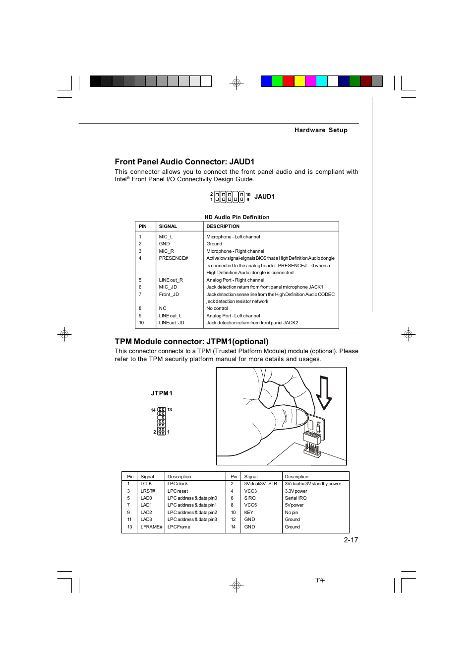 Front panel audio connector: jaud1, Tpm module connector: jtpm1(optional) | Microstar G41M User Manual | Page 31 / 92