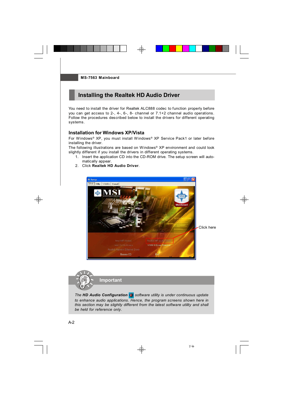 Installing the realtek hd audio driver, Installation for windows xp/vista, Important | Microstar G41M User Manual | Page 61 / 92