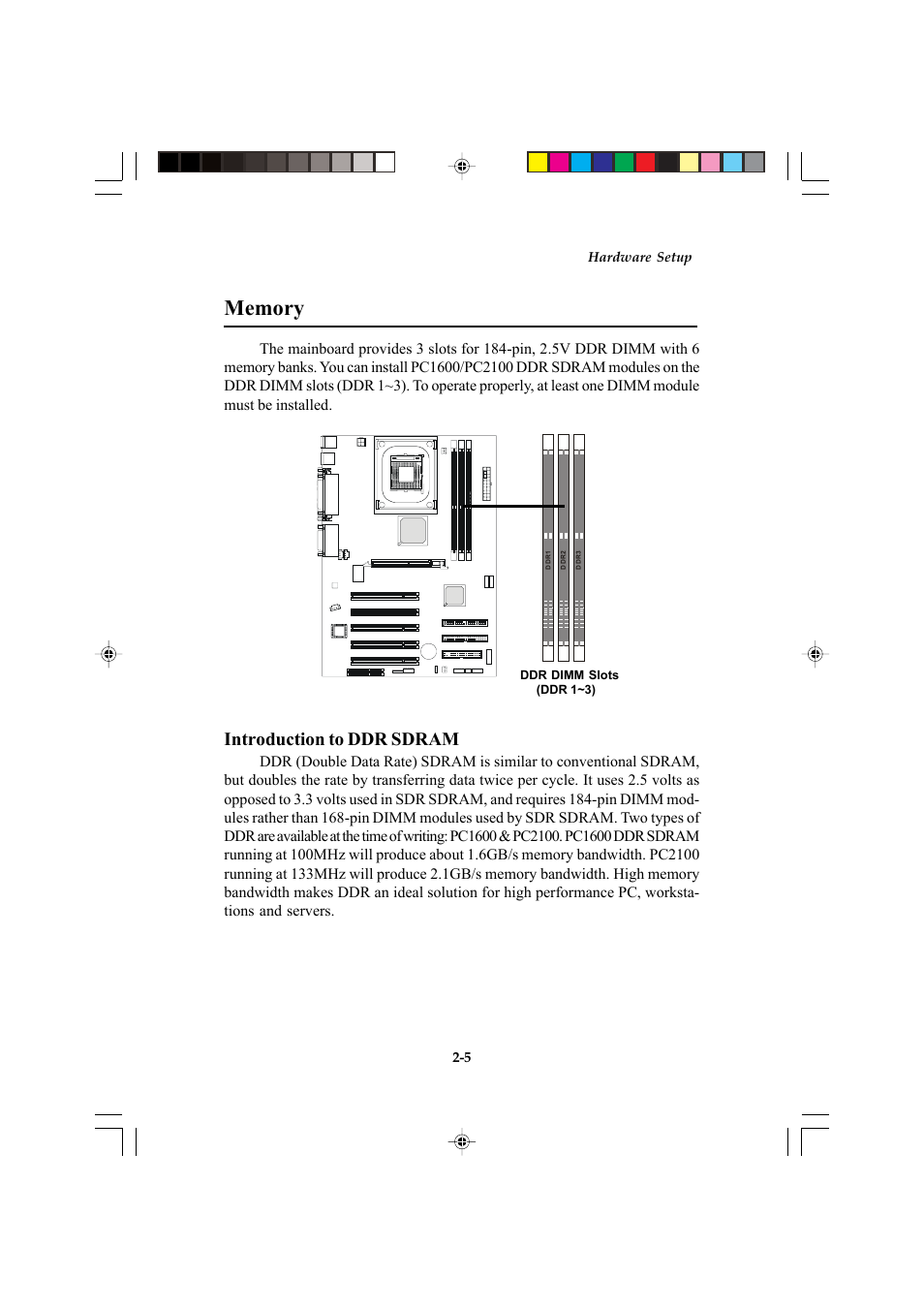 Memory, Introduction to ddr sdram, Hardware setup 2-5 | Microstar MS-6547 (v1.X) ATX Mainboard G52-MA00514 User Manual | Page 17 / 67