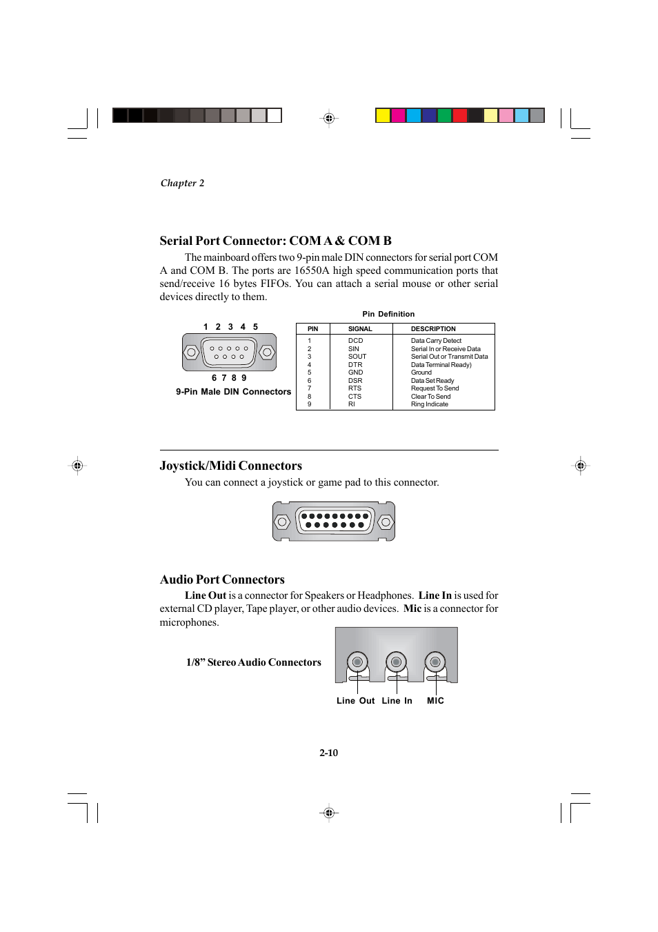 Serial port connector: com a & com b, Joystick/midi connectors, Audio port connectors | Microstar MS-6547 (v1.X) ATX Mainboard G52-MA00514 User Manual | Page 22 / 67