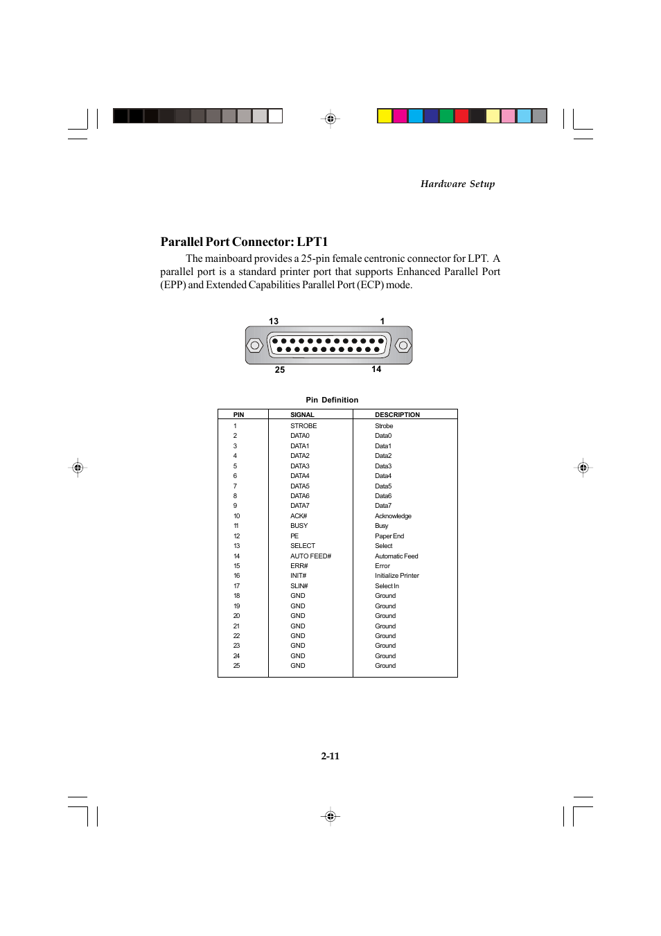Parallel port connector: lpt1, Hardware setup 2-11 | Microstar MS-6547 (v1.X) ATX Mainboard G52-MA00514 User Manual | Page 23 / 67