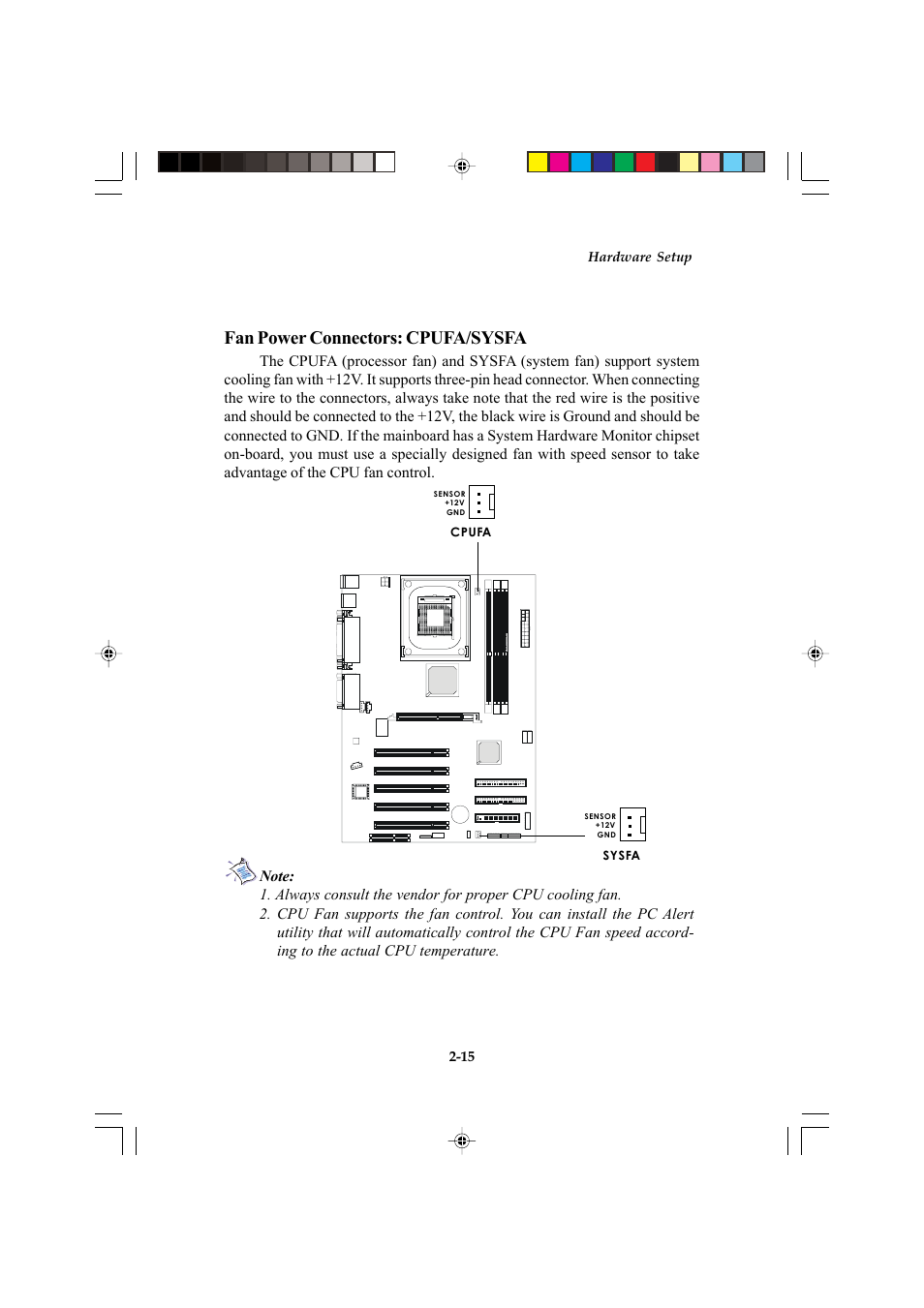 Fan power connectors: cpufa/sysfa | Microstar MS-6547 (v1.X) ATX Mainboard G52-MA00514 User Manual | Page 27 / 67