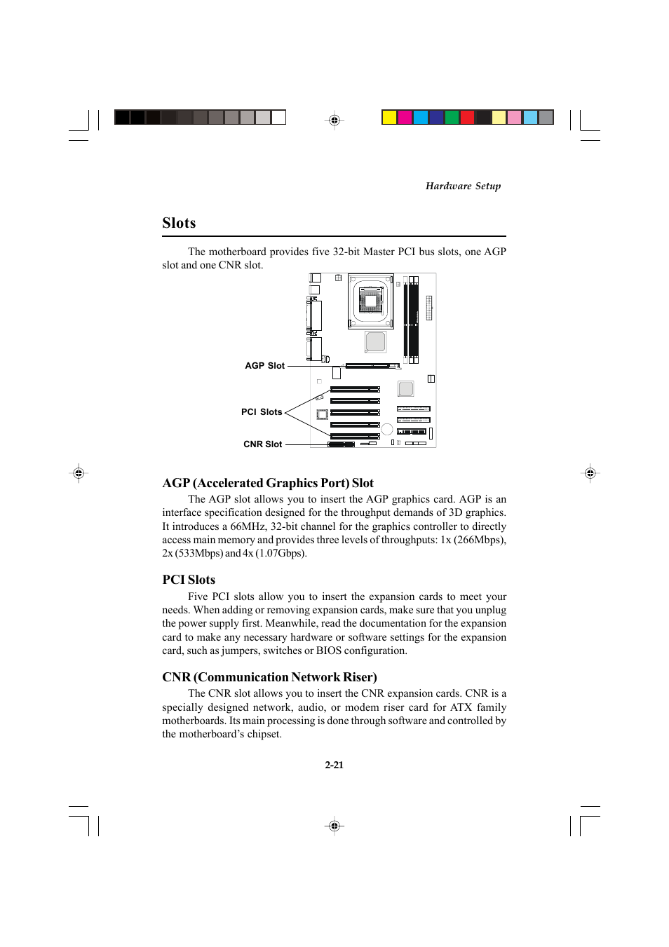 Slots, Agp (accelerated graphics port) slot, Pci slots | Cnr (communication network riser) | Microstar MS-6547 (v1.X) ATX Mainboard G52-MA00514 User Manual | Page 33 / 67