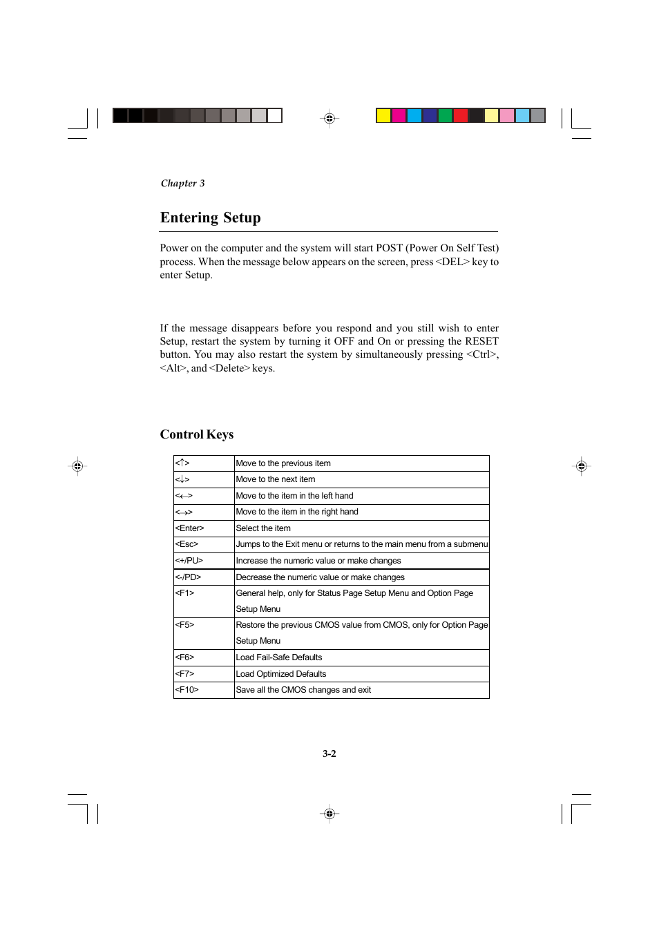 Entering setup, Control keys | Microstar MS-6547 (v1.X) ATX Mainboard G52-MA00514 User Manual | Page 36 / 67