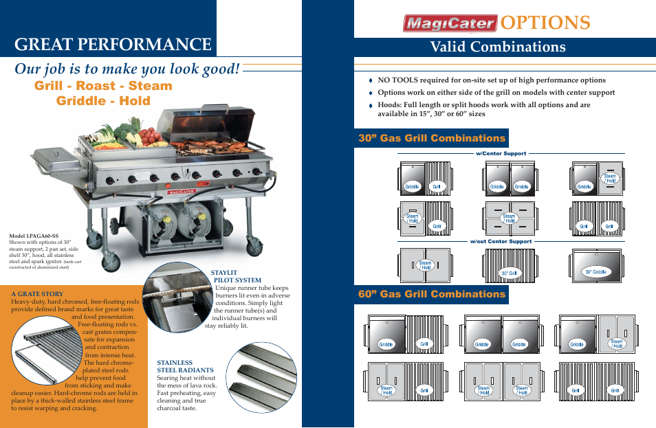 Options, Great performance, Our job is to make you look good | Valid combinations, Grill - roast - steam griddle - hold | Magikitch'n MagiCater LPAGA60-SS User Manual | Page 2 / 4