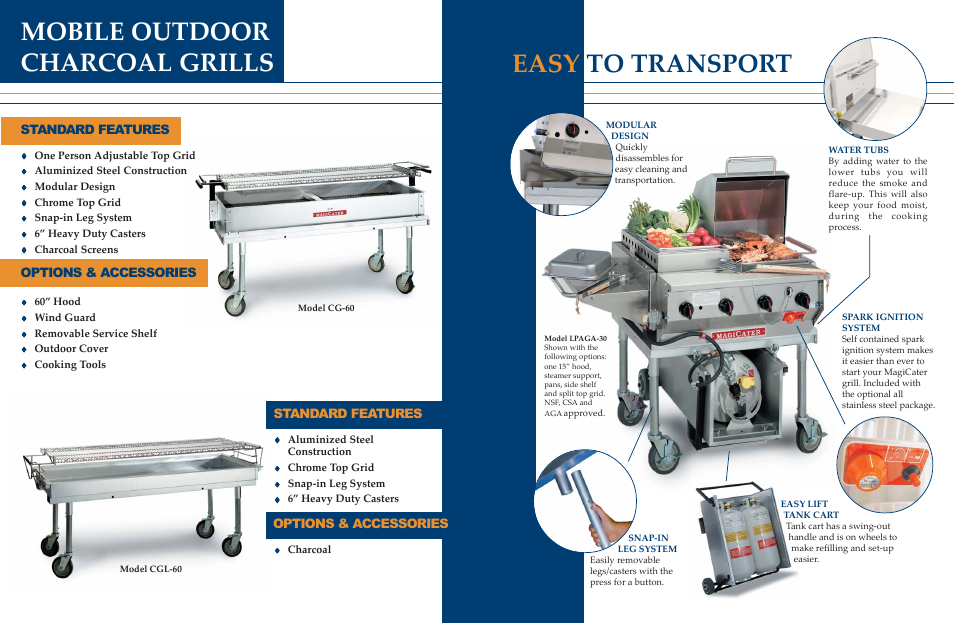 Mobile outdoor charcoal grills, Easy to transport, Standard features options & accessories | Magikitch'n MagiCater LPAGA60-SS User Manual | Page 3 / 4