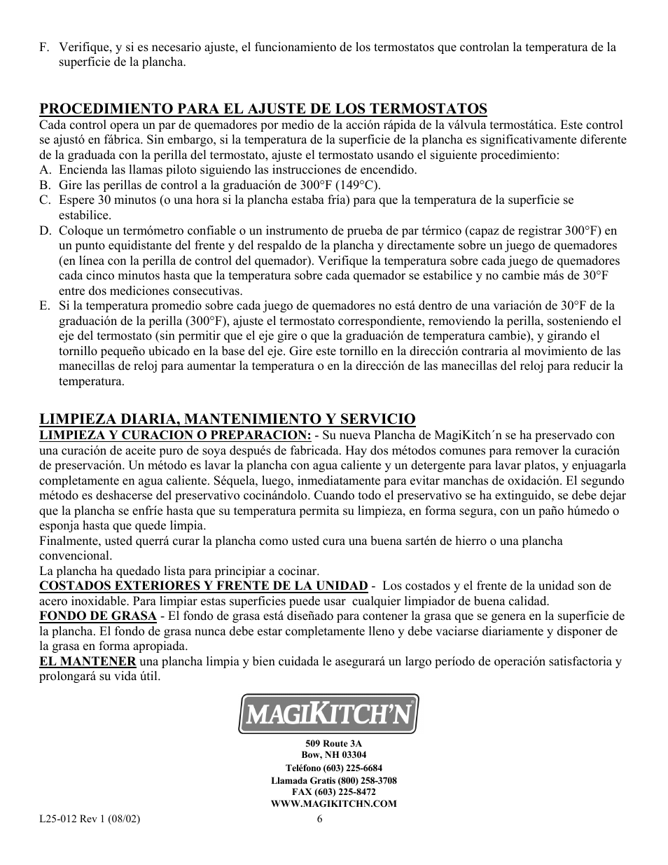 Procedimiento para el ajuste de los termostatos, Limpieza diaria, mantenimiento y servicio | Magikitch'n MKG36 User Manual | Page 24 / 24